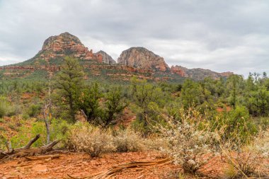 Sedona, Arizona, ABD 'de kaya oluşumları ve yürüyüşlerinin dramatik bir çekimi.