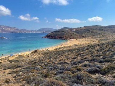 Yunanistan 'ın Mykonos adasında Fokos Sahili' nin güzel bir manzarası