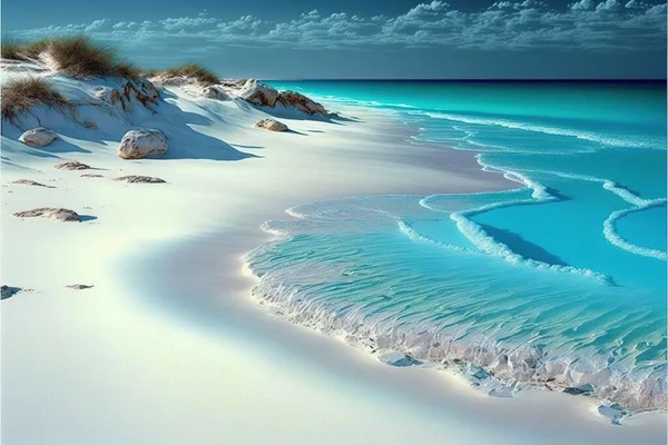 Чудовий Вид Бірюзове Море Білий Піщаний Пляж Хмарами Небі Сонячний — стокове фото