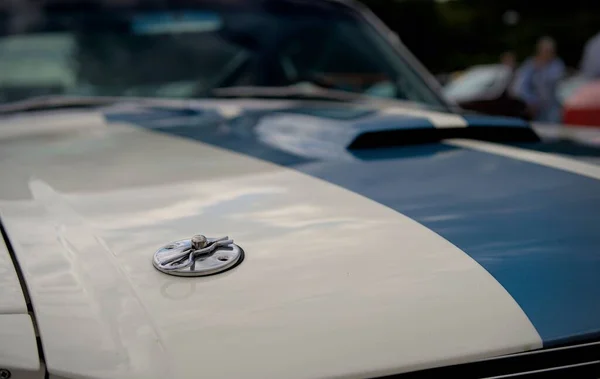 Eine Nahaufnahme Der Motorhaube Eines Wunderschönen Weiß Blau Gestreiften Mustang — Stockfoto