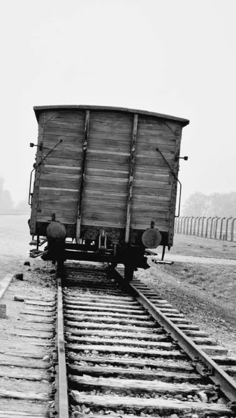 Disparo Escala Grises Viejo Tren Ferrocarril Campo Concentración Auschwitz Birkenau — Foto de Stock