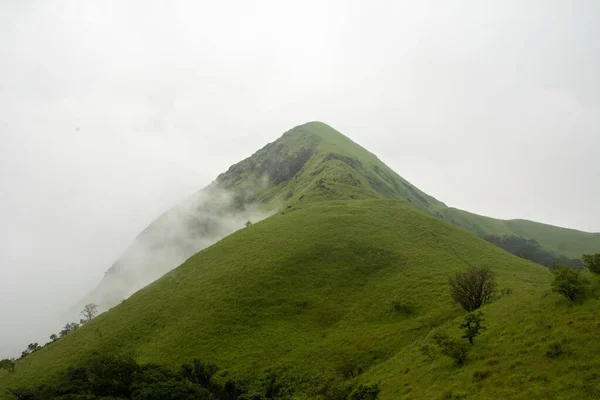 Hermosa Montaña Kumara Parvatha Cubierta Exuberante Vegetación Densa Niebla India —  Fotos de Stock