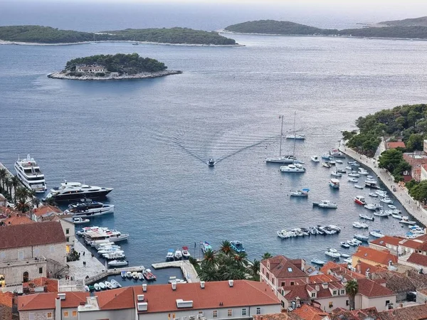 Aerial View Boats Moored Harbor Hvar Town Croatia Cloudy Day — Stock Photo, Image