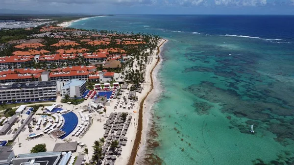Uma Bela Vista Aérea Uma Praia Com Hotéis Mar Caribe — Fotografia de Stock