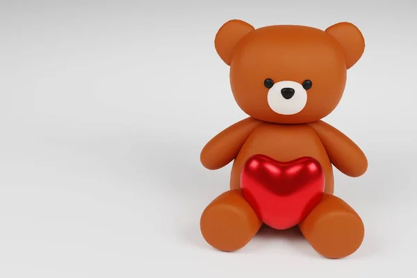 Digital Render Cute Romantic Brown Teddy Bear Figure Heart White — Stock Photo, Image