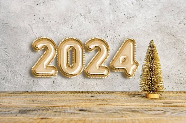 Nuovo Anno 2024 Oro Palloncino Stagnola Testo Piccolo Albero Natale — Foto Stock