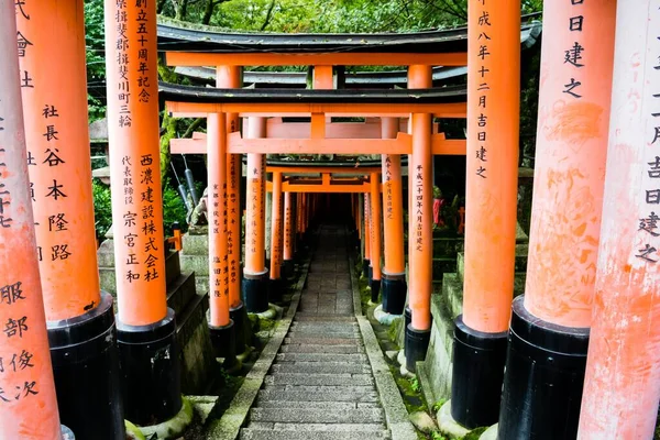 日本京都红色环形山门下一条以树木为背景的小径的垂直截图 — 图库照片
