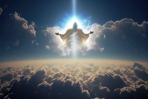 雲の上に高く浮かぶ神秘的な神のような輝く生き物のデジタルレンダリング — ストック写真
