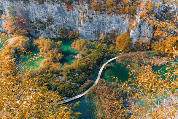 Uma Tomada Aérea Caminho Madeira Parque Nacional Plitvice Lakes Croácia — Fotografia de Stock