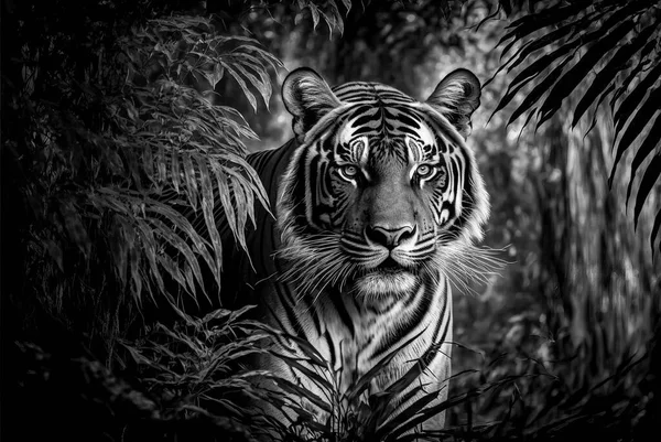 黒と白のジャングルの中のトラの超現実的なイラスト — ストック写真