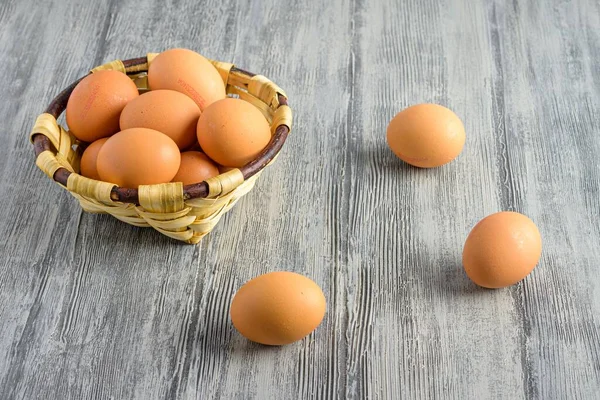 Closeup Shot Small Brown Chicken Eggs Wicker Basket — Stock Photo, Image