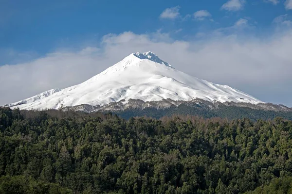 Hóval Borított Hegy Előtérben Erdővel Chilében — Stock Fotó