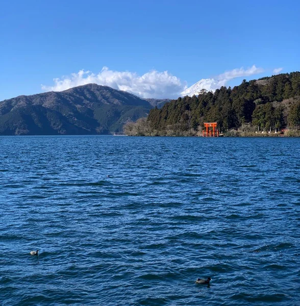 Lac Bleu Ouvert Avec Petite Porte Japonaise Orange Dans Île — Photo