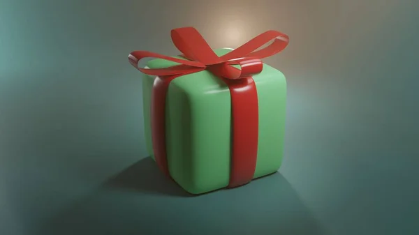 空の背景に赤い弓が隔離された緑のプレゼントボックスの3Dイラスト — ストック写真