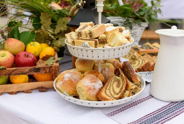 Selective Focus Two Tiered Dessert Stand Baked Goods Fruits Party — Stock Photo, Image