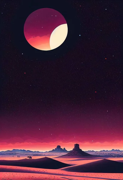 Вертикальна Ілюстрація Великого Фіолетового Місяця Зоряну Ніч Над Пустелею Піщаними — стокове фото