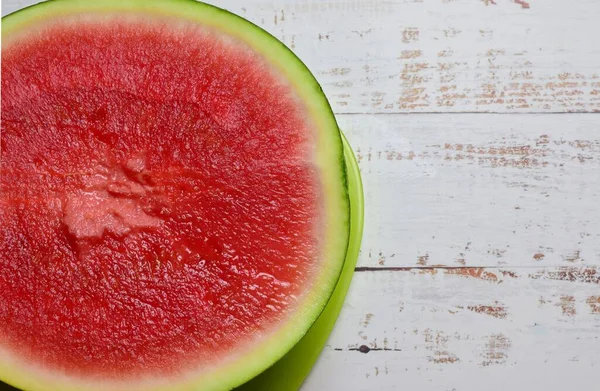 Watermelon Cut Half Refreshing Light Colored Rustic Table Copy Space — Stock Photo, Image
