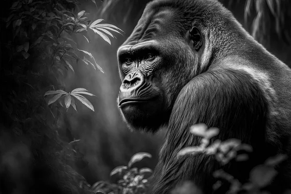 Μια Ασπρόμαυρη Απεικόνιση Του Γορίλα Που Στέκεται Στη Ζούγκλα Ανάμεσα — Φωτογραφία Αρχείου