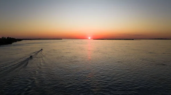 Beautiful Sunset River Boats Fishing Background — Stock Photo, Image
