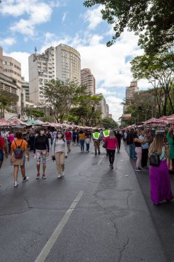 Belo Horizonte 'deki Avenida Afonso Pena el sanatları fuarında alışveriş yapan bir grup insan.