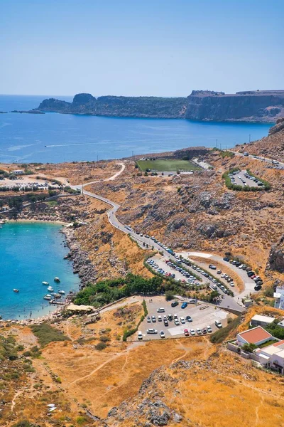 Landscape Lindos Bay Blue Mediterranean Sea View Top Akropol — Stock Photo, Image