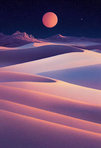 Pionowa Różowo Fioletowa Ilustracja Gładkich Powierzchniowych Wzgórz Pod Pełnią Księżyca — Zdjęcie stockowe