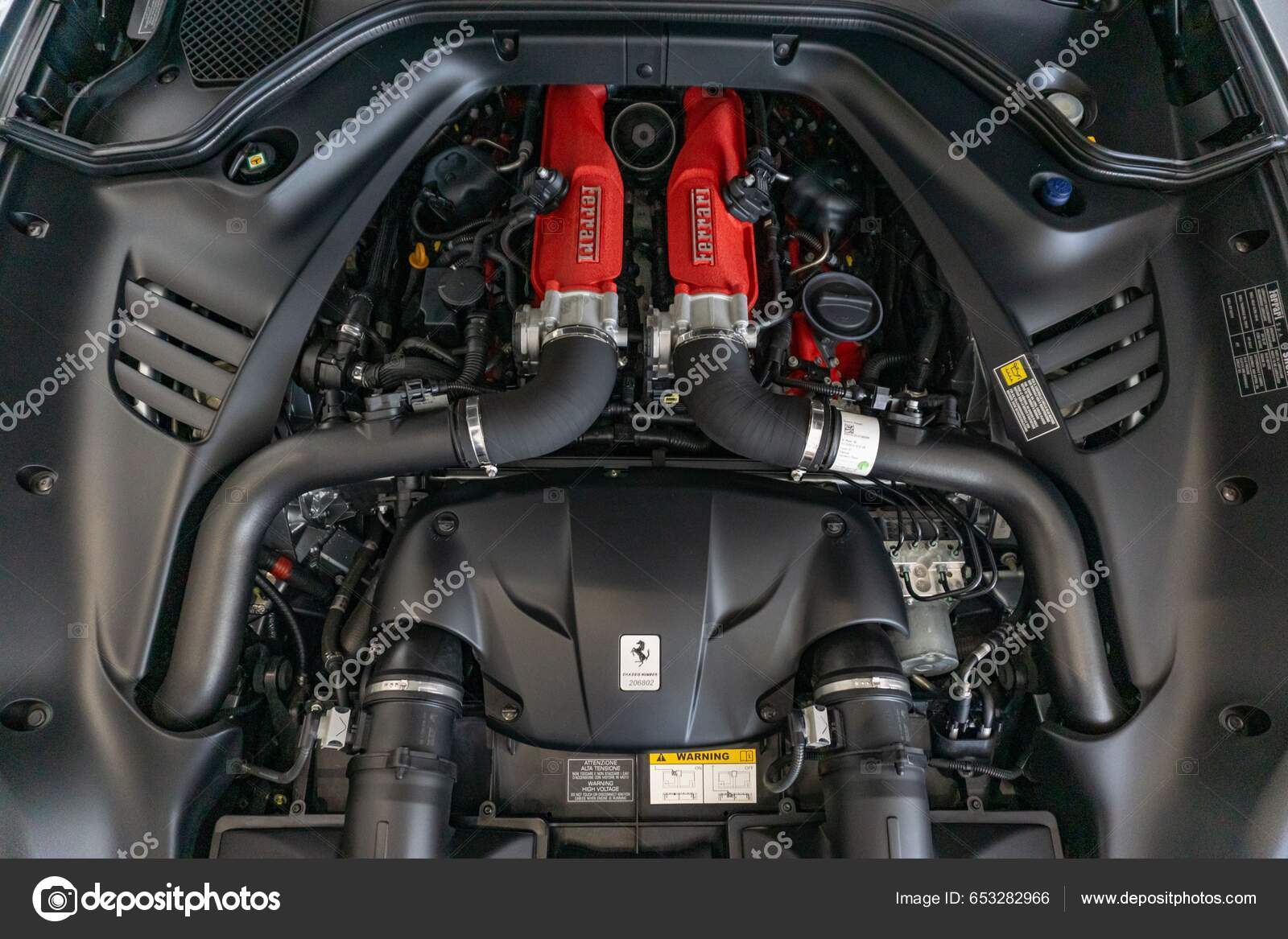 Closeup Ferrari Portofino Engine Bay Red Engine Cover Biturbo