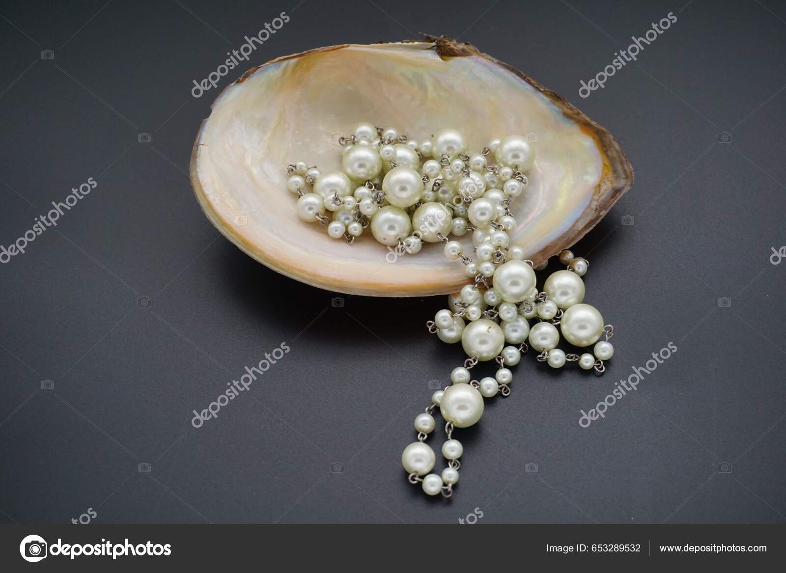 Closeup Shot Extra Long Faux Pearl Necklace Pearl Shell Stock