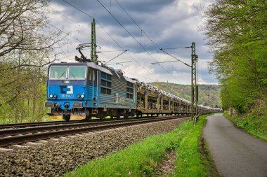 Wehlen şehrinde 372 sınıfı elektrikli bir lokomotifle yük vagonları taşıyan bir yük treni.