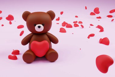 Beyaz arka planda kahverengi bir ayı ve kırmızı kalplerin yakın plan çekimi.