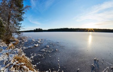 Kışın gün batımında ağaçların arka planında bir gölün güzel bir görüntüsü.