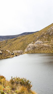 Kara Göl 'ün (Lagunas Negras) güzel manzarası, Paramo de Santurban' ın sonbaharda doğa koruma alanında tepeler arası manzarası.