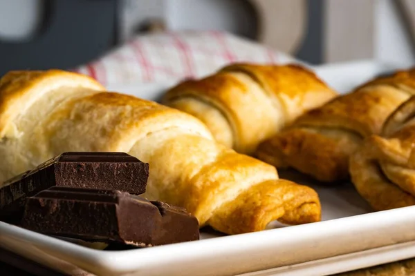 Closeup View Croissants Plate Dark Chocolate Bars — Stock Photo, Image