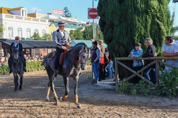 Macho Montando Cavalo Cinzento Durante Feira Nacional Cavalos Pessoas Redor — Fotografia de Stock
