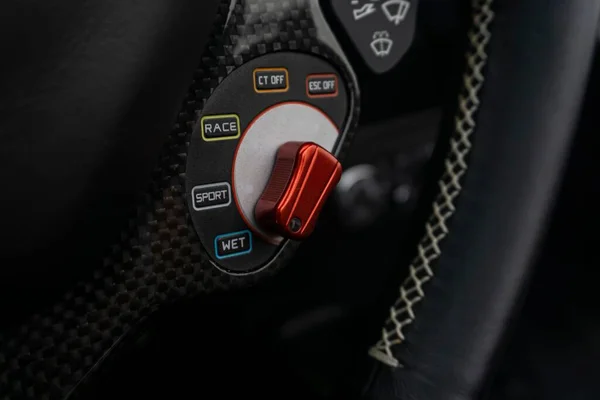 Closeup Shot Details Ferrari 458 Spider Steering Wheel Mode Selector — Stock Photo, Image