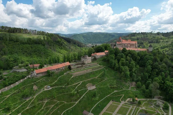 Aerial View Pernstejn Castle Cloudy Blue Sky Background Czech Republic — Stock Photo, Image