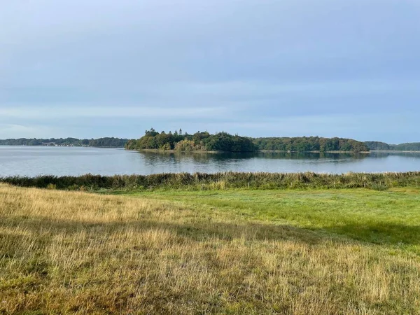晴れた日に湖とフィールドの緑の風景 — ストック写真