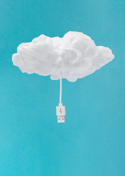 Soft Fluffy Cloud Computer Connection Cable Blue Background — Stock Photo, Image