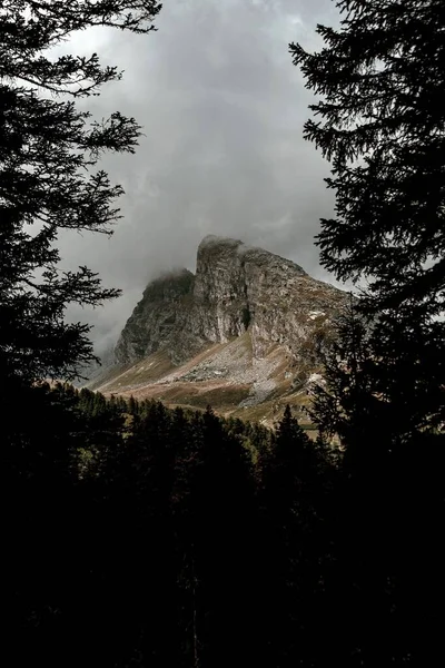 Vertical Landscape Rocky Hill San Bernardino Covered Dark Clouds Trees — Stock Photo, Image