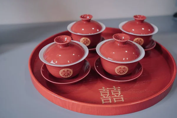 Παραδοσιακά Κινέζικα Κόκκινα Φλιτζάνια Τσάι — Φωτογραφία Αρχείου