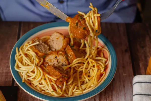 Close Man Eating Plate Meatballs Spaghetti — Stock Photo, Image