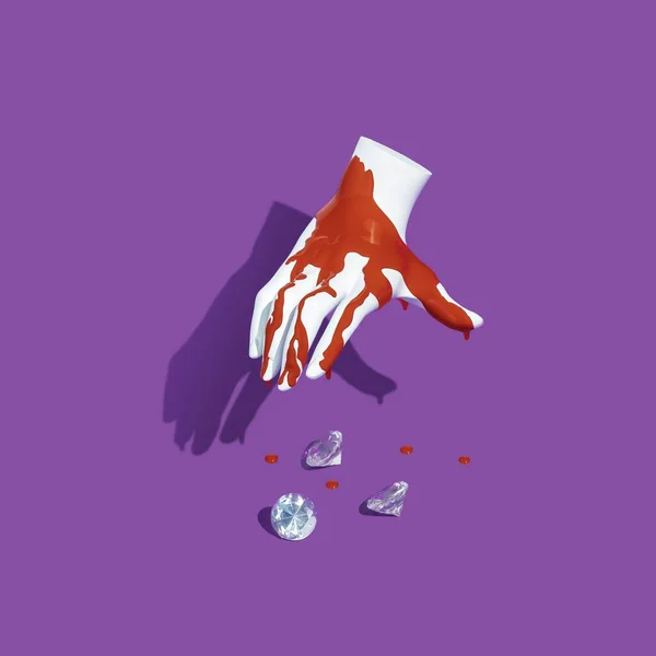 Bloody Doll Hand Diamonds Minimalistic Concept Deadly Sins Purple Background — Stock Photo, Image