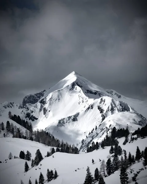 オーストリアの灰色の曇りの空の背景に雪のアルプスのスキーリゾートの垂直空中ビュー — ストック写真