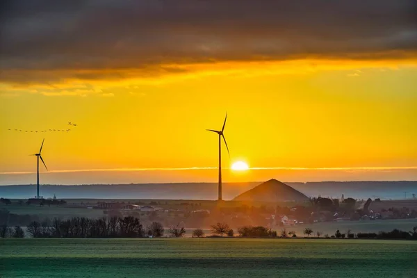 Sunrise View Wind Turbines Mining Heaps Copper Mines South Harz — Stock Photo, Image