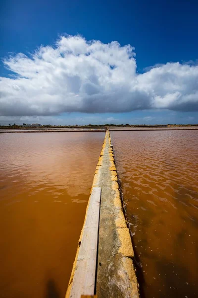 stock image A vertical view of a fence splitting the muddy water of Saline di Trapani e Paceco