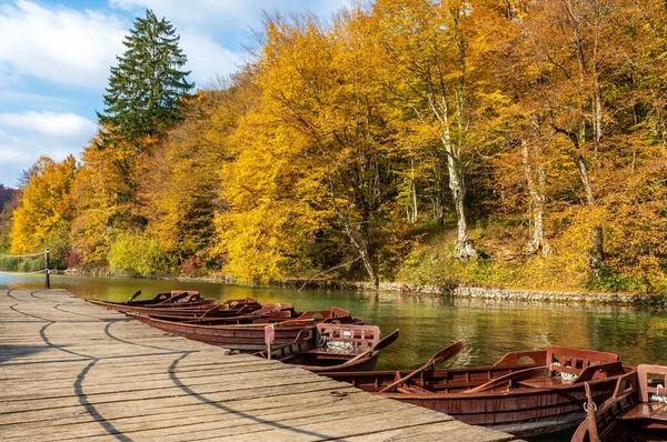 Uma Fileira Barcos Cais Madeira Fundo Floresta Amarela Outono — Fotografia de Stock