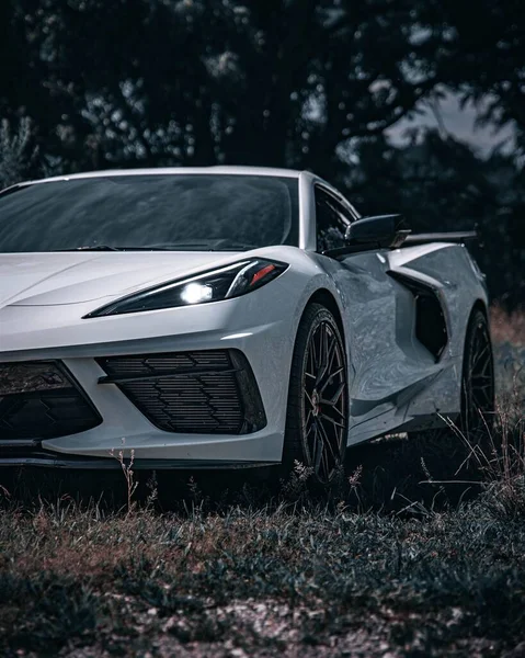 Büyüleyici Beyaz Bir Chevrolet Corvette Dikey Görüntüsü — Stok fotoğraf