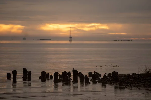 夕暮れ時の穏やかな海の防波堤の景色 — ストック写真