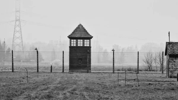 波兰Oswiecim奥斯威辛集中营室外灰度景观 — 图库照片
