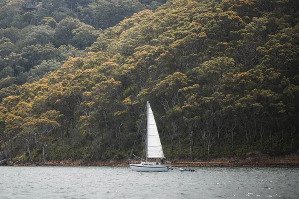Vacker Yacht Segling Det Vågiga Havet Framför Ett Landskap Med — Stockfoto
